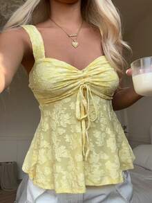 SHEIN EZwear New Summer Yellow Knit Sweetheart Collar Sleeveless Drawstring Ruffle Hem Elegant Tank Top For Women, Summer - Yellow - View 3