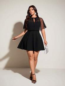 Viva Relle Black Sexy Dress, Pleated Sheer Mesh Patchwork Waist Cinched Dress, Suitable For Dates, New Year, Halloween, Plus Size - Black - View 3