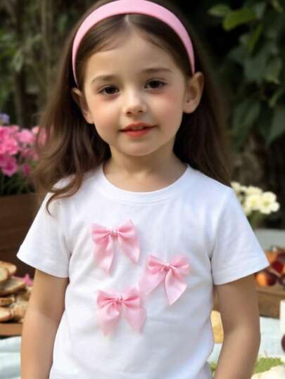 Young Girls' Casual Round Neck Short Sleeve Cropped Asymmetrical Hem Bow Tie Floral Print Blue T-Shirt, Versatile Summer Tee, Soft & Comfortable Fabric, 2026 Spring/Summer New Fashion