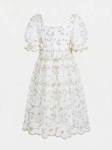 Tween Girl Woven Mesh Embroidered Square Collar Fitted Petal Sleeve Princess Dress - White - View 2
