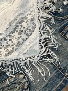 Elamini Women's Casual Fashionable Everyday Versatile Textured Jacquard Fabric Fringe Trim Asymmetric Hem Tube Top, Spring/Summer - White - View 3