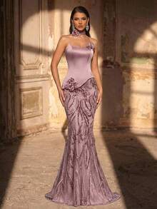 Glamrae Falda de sirena de satén fruncido con empalme de malla bordada con perlas elegante y lujosa, adecuada para boda, fiesta, vacaciones, baile, vestido de noche (bordado pesado) - Rosa - Ver 6