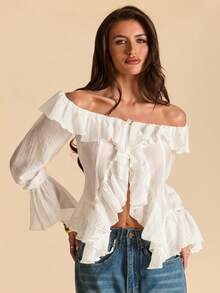 SHEIN BAE White Off-Shoulder Ruffle Trim Asymmetric Tie Cuff Blouse, Romantic Spring Shirt For Vacation, Valentine's Day, Sweet & Feminine, Commute, Princess, Birthday, Bridesmaid Mini Dress - White - View 1