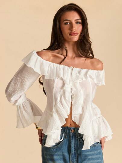 SHEIN BAE White Off-Shoulder Ruffle Trim Asymmetric Tie Cuff Blouse, Romantic Spring Shirt For Vacation, Valentine's Day, Sweet & Feminine, Commute, Princess, Birthday, Bridesmaid Mini Dress