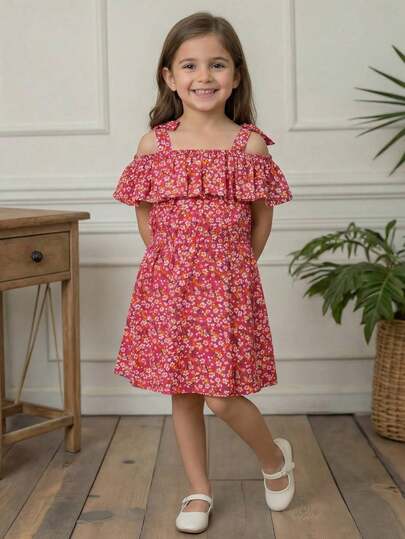 Vestido Casual Infantil Estampado con Tirantes  y Cintura Elástica