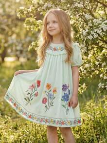 Emery Rose Kids Emery Rose Kids 少女碎花圆领泡泡袖荷叶边下摆休闲连衣裙 - 綠色 - 查看 3