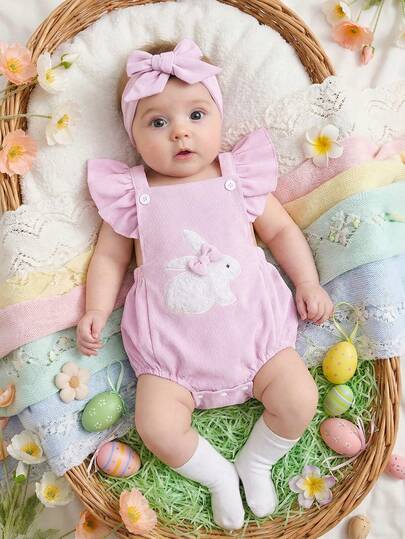 SHEIN Playful Pals 2pcs Baby Cute Rabbit Embroidery & Pom Pom Decor Sleeveless Romper Set, Summer Baby Girl Pastel Colors Baby Girl Easter Outfit Baby Fairy Outfit Baby Girls Clothing Born Unicorn Baby Clothes