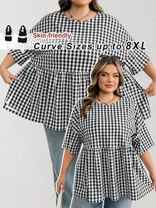 SHEIN CURVE+ 大码女装春夏时尚休闲宽松舒适日常百搭修身面料黄色短袖衬衫，简约风格，凸显曲线，可爱上衣，外出上衣，女士衬衫，欧洲夏季，荷叶边上衣，女士早午餐秋季服装，冬季，CURVE PLUS - 黑與白 - 查看 4