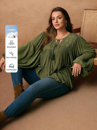 SHEIN CURVE+ Camisa casual de manga larga con unicolor, decoración con borlas anudadas para tallas grandes