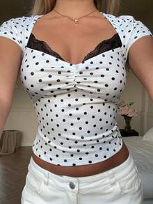 SHEIN EZwear Áo thun dệt kim nữ màu trắng nền, chấm bi đen, phối ren. - Đen và trắng - Xem 7