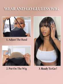 Wear&Go Glueless Pre-Haircut Natural Black Straight Remy Human Hair Pre Cut Glueless 4x4 Transparent Lace Closure Wig With Face Framing Fringe Air Bangs - Natural Black - View 2