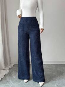 Elenzga 针织弹力休闲女裤，高腰修身优雅长裤，秋季新品 - 藏蓝色 - 查看 6