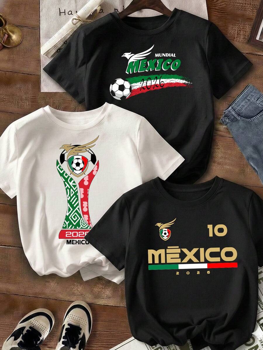 Paquete de 3 camisetas para mujer de 100 algodón, cuello redondo y manga corta, excelente calidad, cómoda y suave al tacto, con estampado de diseño del mundial de futbol 2026, copa del mundo, soccer, México, EU y Canadá, mundial - Copa - Ver 1