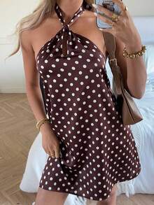 SHEIN EZwear 女士棕色波点露背连衣裙 - 咖啡棕 - 查看 3