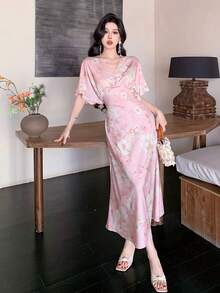 K-Vae Đầm hè mới thanh lịch, cổ chữ V, họa tiết hoa. - Hồng - Xem 7