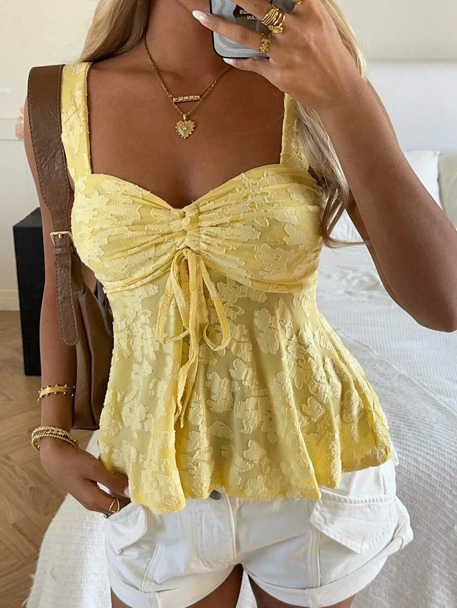SHEIN EZwear New Summer Yellow Knit Sweetheart Collar Sleeveless Drawstring Ruffle Hem Elegant Tank Top For Women, Summer - Yellow - View 1