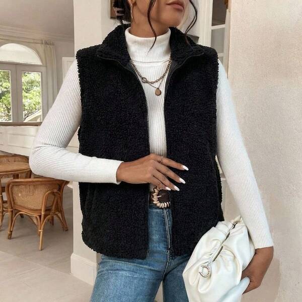 Chaleco Casual de Mujer con Bolsas y Cuello, Peluche,Ropa exterior