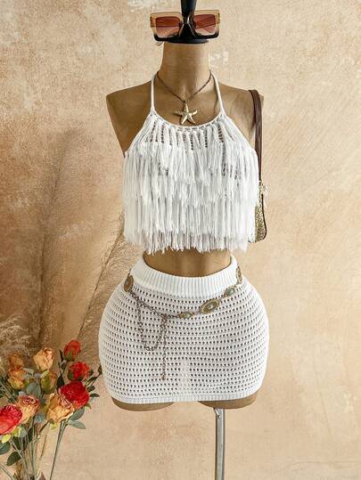 Soleia Conjunto de top con diseño de atar y flecos en el cuello y minifalda de punto, de moda para citas