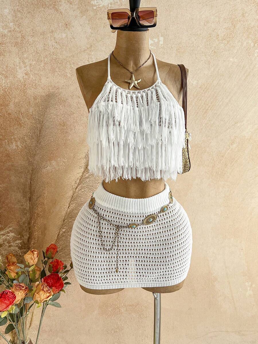 Soleia 女士露背系带流苏上衣和迷你裙针织套装，时尚约会之选 - 白色 - 查看 1