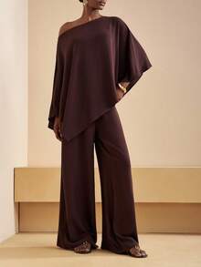 SHEIN CURVE+ Curve 尺码 US22 音乐节、海滨度假、波西米亚风女装两件套：纯色不对称肩部上衣和宽松长裤 - 棕色 - 查看 5
