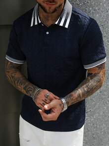 Manfinity CasualCool Men's Casual Commuter Jacquard Textured Ribbed Polo Shirt, Summer - Royal Blue - View 3