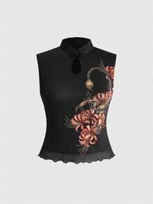 ROMWE Goth 哥特蝎子与孤挺花印花女士套装 - 黑色 - 查看 11