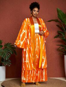 SHEIN CURVE+ Bộ đồ 2 món dành cho nữ cỡ lớn: áo kimono dài mở phía trước và quần ống rộng, thích hợp cho kỳ nghỉ hoặc du lịch. - Màu Cam cháy - Xem 4