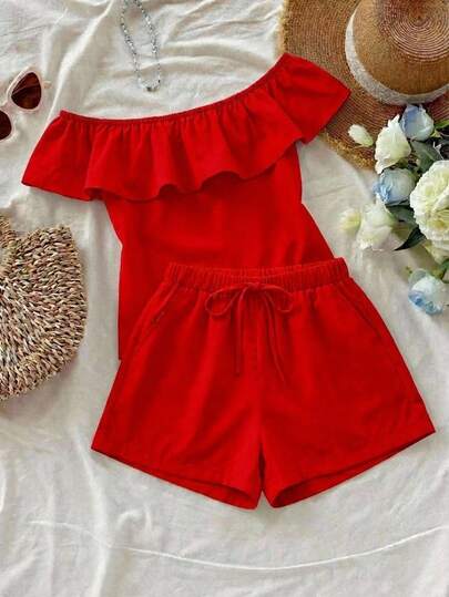 Conjunto de Verano: Top Sin Mangas con Volantes + Shorts de Color Sólido, Cómodo y Fresco para Mujer