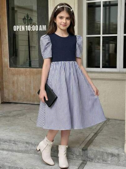 SHEIN Vestido de niña preadolescente con cuello cuadrado sin mangas, estilo línea A, con decoración de lazo y estampado floral ditsy de bloques de color