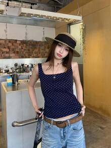 K-Vae Summer Minimalist Wide Strap Fitted Camisole - Navy Blue - View 5