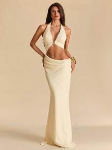 SHEIN BAE Đầm dệt kim màu mơ, cổ chữ V sâu, hở lưng, thích hợp cho kỳ nghỉ hè, đi biển. - Màu be - Xem 6