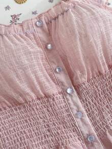 Elamini Women's Sweet Light Pink Sheer Grid Transparent Button Shirt - Baby Pink - View 4