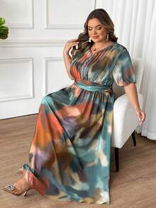 SHEIN CURVE+ 大码V领扎染图案优雅浪漫收腰A字型长裙 - 彩色 - 查看 6
