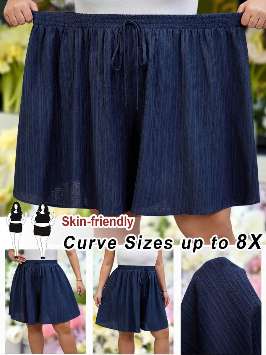 SHEIN CURVE+ Plus Size Curve US22Music Festival, Seaside Vacation, Bohemia Women Casual Plain Loose Shorts Navy Blue Summer Wide Leg Shorts,Holiday For