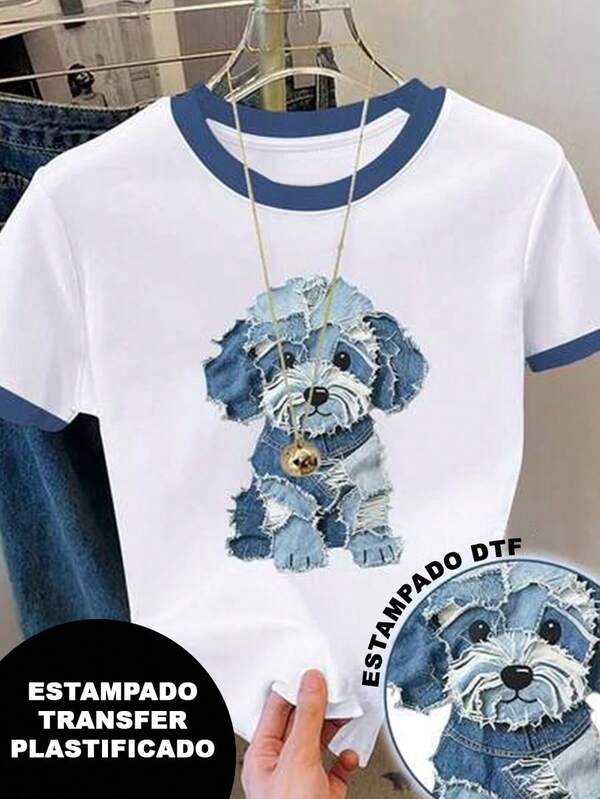 Playera patchwork, bicolor con cuellos y mangas color azul con diseño de perro, estilo mezclilla pero es estampado transfer plastificado. Diseño colorido, llamativo y moderno, cuello redondo, manga corta, ideal para uso diario. Playera holgada, a la moda.