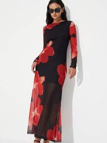 Aveloria Modichic New Arrival Fitted Sexy Elegant Lady-Like Round Neck Floral Print Elastic Mesh Long Sleeve Dress - Multicolor - View 1