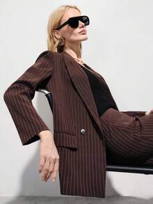 Aveloria Modichic New Striped Double-Breasted Suit Set, Paired With A-Line Skirt, Casual Office Wear, Elegant Business Women's 2 Pieces Suit - Brown - View 6
