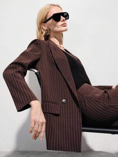 Aveloria Modichic New Striped Double-Breasted Suit Set, Paired With A-Line Skirt, Casual Office Wear, Elegant Business Women's 2 Pieces Suit
