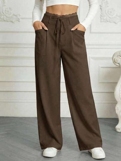 Pantalones de traje con encaje para mujer,pantalones casuales de pierna ancho de diseño minimalista para mujeres, adecuados para ir al trabajo, la oficina, uso diario y todas las estaciones