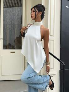 Siren Gaze 缎面露背吊带背心，优雅女士夏季款 - 米色 - 查看 6