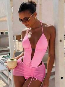 Swim Vcay Deep V-Neck Backless Elegant Solid Color Ruffle Hem Skirt, Beaded Spring/Summer Beach Bikini Swimsuit 2-Piece Set - Hot Pink - View 4