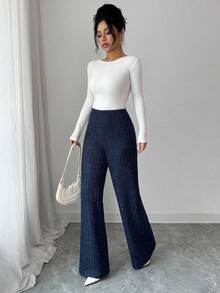 Elenzga 针织弹力休闲女裤，高腰修身优雅长裤，秋季新品 - 藏蓝色 - 查看 7