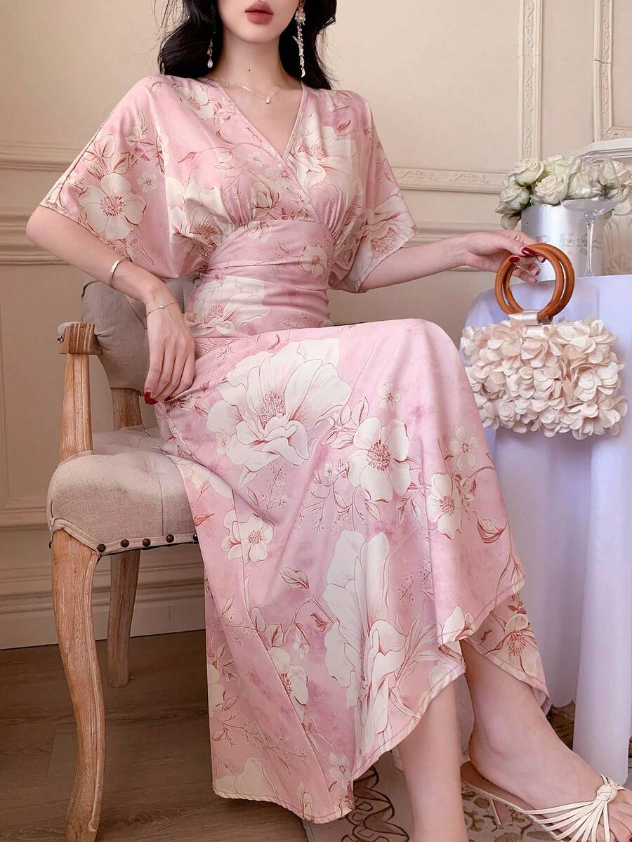 K-Vae Đầm hè mới thanh lịch, cổ chữ V, họa tiết hoa. - Hồng - Xem 1