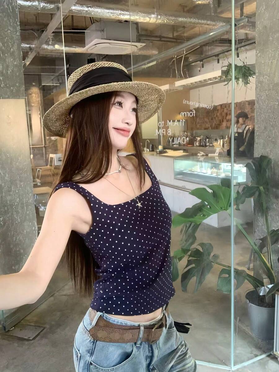 K-Vae Summer Minimalist Wide Strap Fitted Camisole - Navy Blue - View 1