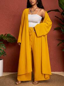 SHEIN CURVE+ Curve 尺码 US22 音乐节、海滨度假、波西米亚纯色纹理宽松蝙蝠袖两件套 - 黃色 - 查看 5