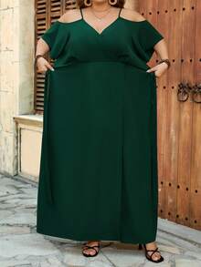 SHEIN CURVE+ Curve 尺码 US22 音乐节、海滨度假、波西米亚风女士夏季休闲度假风纯色露肩高开衩腰带连衣裙 - 墨綠色 - 查看 5