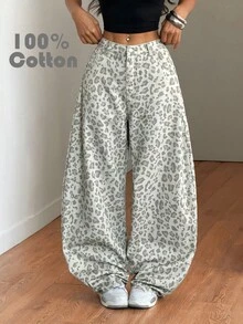 Muchica Jeans casuales de ajuste holgado con bolsillo y estampado de leopardo para mujer - Multicolor - Ver 1