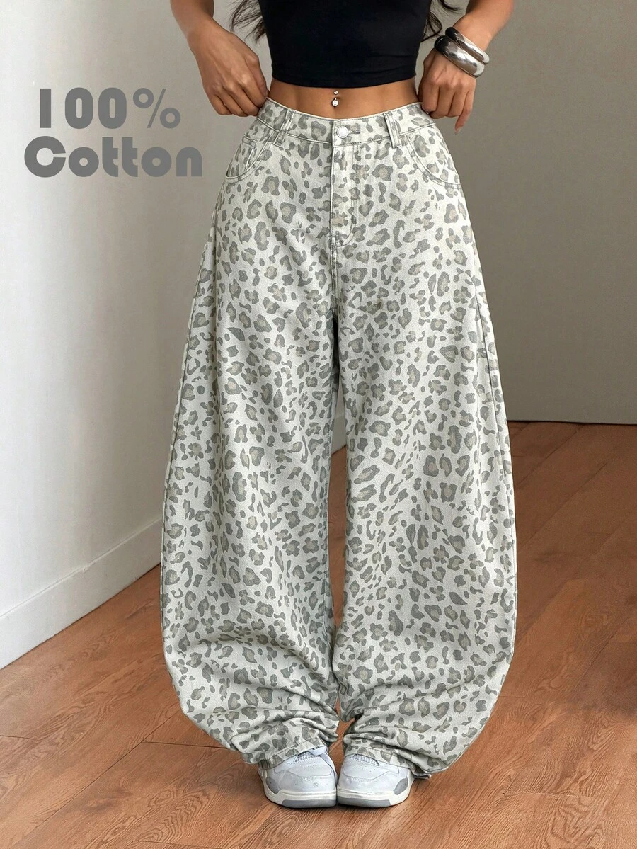 Muchica Jeans casuales de ajuste holgado con bolsillo y estampado de leopardo para mujer - Multicolor - Ver 1