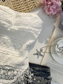 Elamini Women's Casual Fashionable Everyday Versatile Textured Jacquard Fabric Fringe Trim Asymmetric Hem Tube Top, Spring/Summer - White - View 4