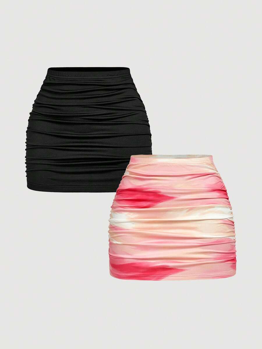 SHEIN MOD 2pcs Women Casual Minimalist Ruched Bodycon Skirt Set - Multicolor - View 1